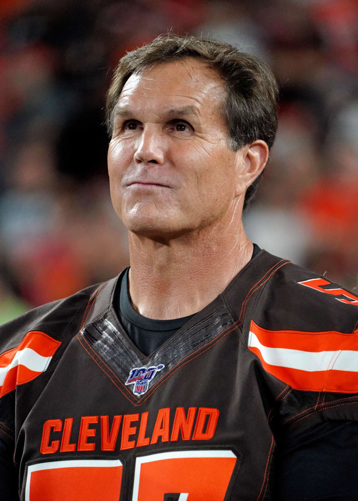 Former Browns linebacker Clay Matthews Jr. watches the video board as he is inducted into the Browns Ring of Honor during halftime of a 2019 game against the Rams at FirstEnergy Stadium in Cleveland.